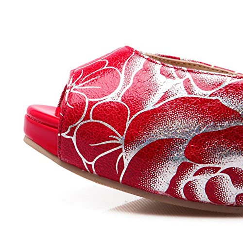 Sandalias De Tacón Alto con Cuentas De Boca De Pescado A La Moda para Mujer, Zapatos con Hebilla De Plataforma,Rojo,36