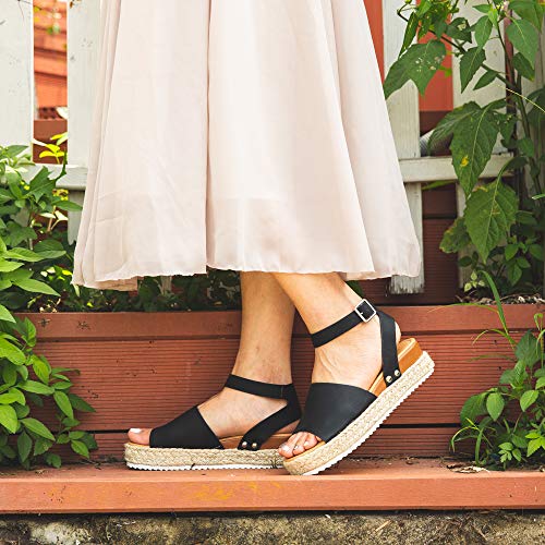Sandalias Mujer Verano Plataforma Alpargatas Esparto Cuña Zapato Punta Abierta Hebilla Comodas Negro Talla 40 EU