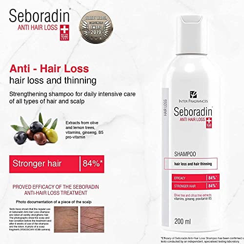 Seboradin Caída del Cabello y Adelgazamiento del Cabello Champú para Hombres y Mujeres con Vitaminas y Extractos Naturales para el Espesamiento y el Crecimiento Tecnología Natura Suiza, 200 ML