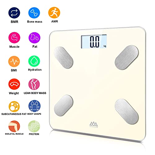 SENSSUN Bascula de Baño Digital Grasa Corporal,balanzas digitales bluetooth,Analiza la composición corporal,con 13 Funciones,IMC/músculo/grasa corporal/masa ósea(Blanco crema)