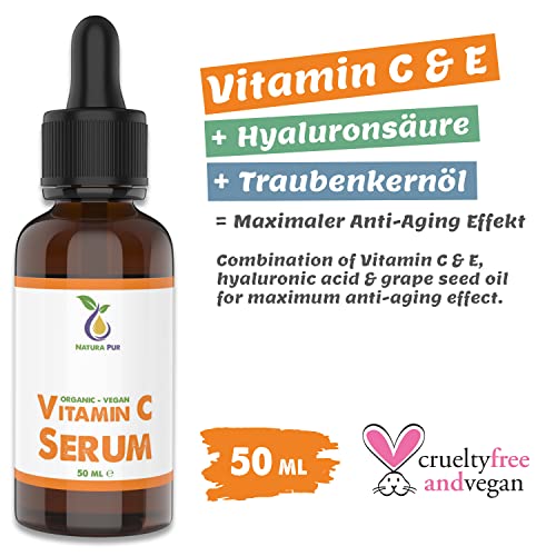 Serum de Vitamina C con Acido Hialuronico 50ml, puro orgánico y vegano - altamente dosificado con un 20% de vitamina C - gel antienvejecimiento con aceite de semilla de uva nutritivo y aloe vera