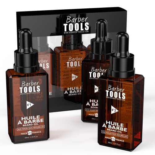 Set de 3 aceites para barba | N°1/2/3 | 3X30ml - Promueve el crecimiento de la barba - Con aceite de RICIN, 7 aceites vegetales y 3 aceites esenciales y vitamina E - BARBER TOOLS -