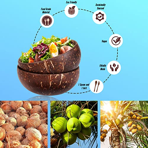 Set de Bol de Coco Natural con Cubiertos | 2 Piezas Bowl de Coco Natural | buddha bowl | Cuencos de Coco Naturales | Poke Bowl | Coconut Bowl | Bowl Desayuno | Cuenco de Madera | Regalos para Veganos