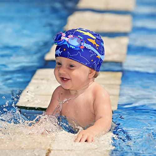 Set de Gafas de Natación Infantil Gorros de Natación de Niños Gorro de Baño de Poliéster Elástico Gafas de Baño de Niños Gorro de Piscina Impermeable para Niños (Estilo Tiburón)