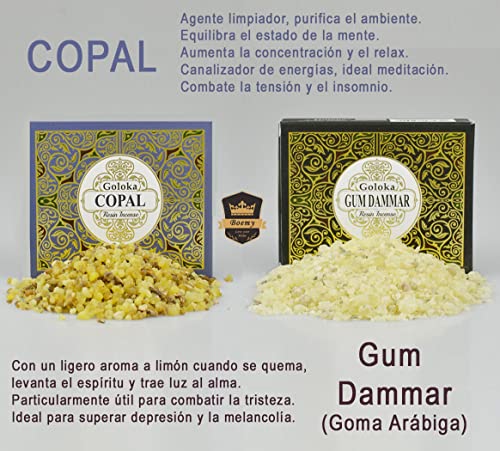 Set de Inciensos Naturales | Resina Goma Arábiga ( Gum Dammar ) (50 gr.) + Resina de Copal (30 gr.) + 10 Carbones para Quemar + Pinza | Inciensos Litúrgicos