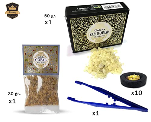 Set de Inciensos Naturales | Resina Goma Arábiga ( Gum Dammar ) (50 gr.) + Resina de Copal (30 gr.) + 10 Carbones para Quemar + Pinza | Inciensos Litúrgicos