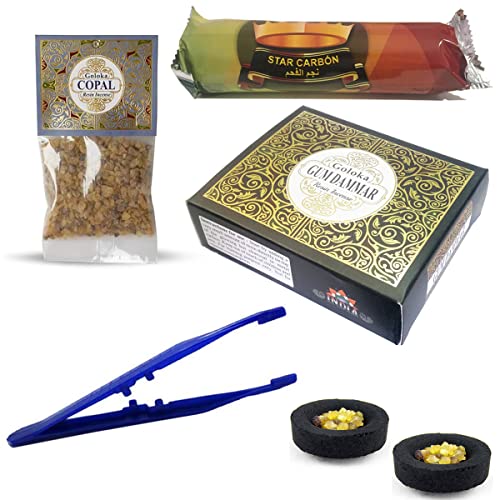 Set de Inciensos Naturales | Resina Goma Arábiga ( Gum Dammar ) (50 gr.) + Resina de Copal (30 gr.) + 10 Carbones para Quemar + Pinza | Inciensos Litúrgicos