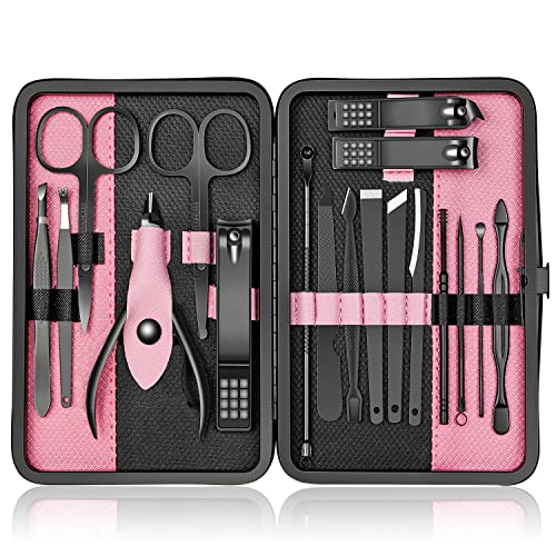 Set Manicura Pedicura 18 Piezas Profesional Cortaúñas Acero Inoxidable - Manicura y Pedicura Limpiador Cutícula con Caja de Cuero (Negro Rosa)