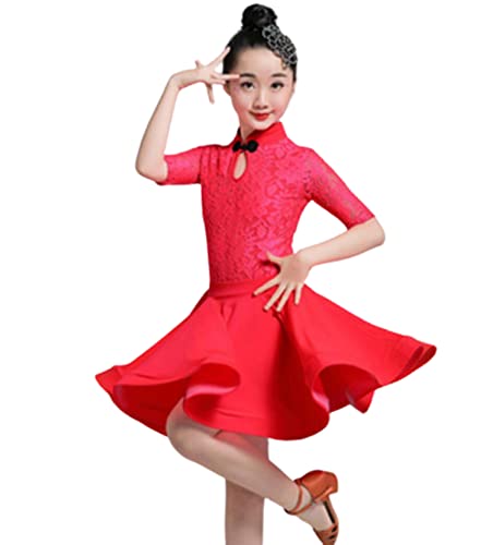 SHADIOA Niñas Falda de Baile Latino Salón Salsa Tango Faldas Niño Niño Vestido de Baile Latino de Encaje con Leotardo y Falda,Rojo,XXS