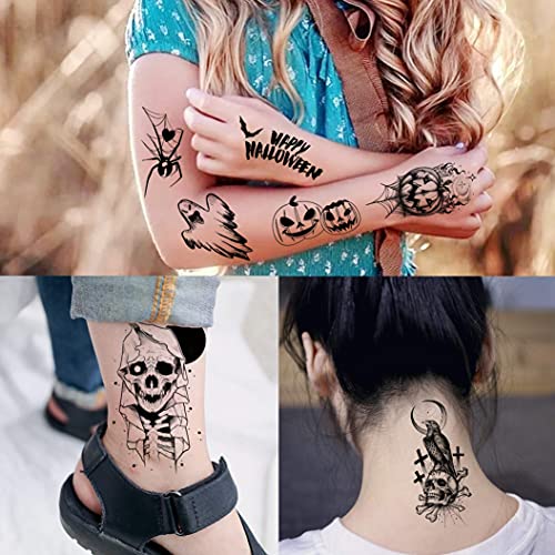 Shegazzi 52 Hojas Halloween Tatuajes Temporales Adultos Mujer Hombre Realista Aterrador Cráneo Fantasma Zombi Vampiro Esqueleto Tatuajes Falsos Niños Niñas Brazo Mano Cara Cuello Tatuajes Adhesivos 3D