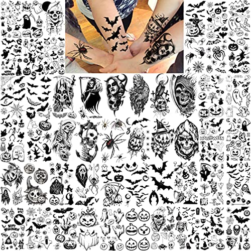 Shegazzi 52 Hojas Halloween Tatuajes Temporales Adultos Mujer Hombre Realista Aterrador Cráneo Fantasma Zombi Vampiro Esqueleto Tatuajes Falsos Niños Niñas Brazo Mano Cara Cuello Tatuajes Adhesivos 3D