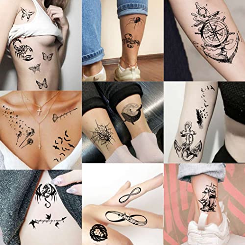 Shegazzi 52 Hojas Tatuajes Temporales Adultos Mujer Hombre Pequeño Ancla León Cruz Infinito Mariposa Tatuajes Falsos Niños Niñas Negro Realista Kit Tatuajes Adhesivos Temporales Mano Cuello Cara Dedo