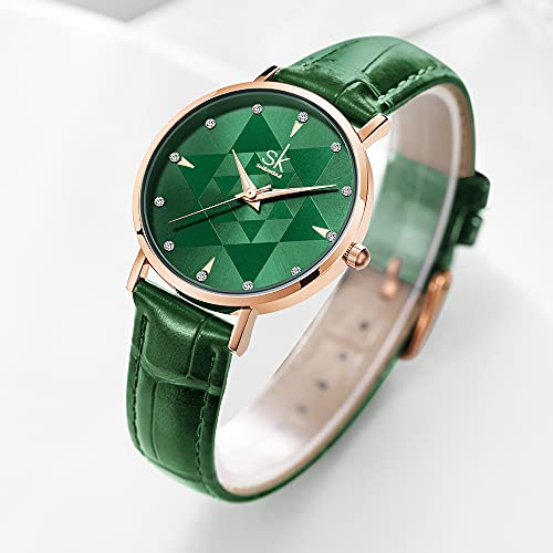 SHENGKE Estrella Reloj de Pulsera para Mujer, Correa de Malla, Elegante, para Mujer, Estilo Simplicidad,Flores(Genuine Leather-Green)