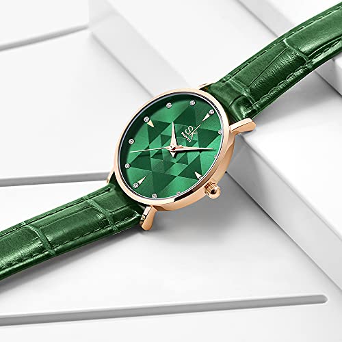 SHENGKE Estrella Reloj de Pulsera para Mujer, Correa de Malla, Elegante, para Mujer, Estilo Simplicidad,Flores(Genuine Leather-Green)