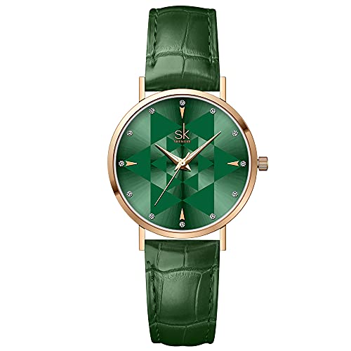 SHENGKE Estrella Reloj de Pulsera para Mujer, Correa de Malla, Elegante, para Mujer, Estilo Simplicidad,Flores(Genuine Leather-Green)