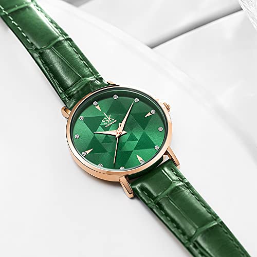 SHENGKE Estrella Reloj de Pulsera para Mujer, Correa de Malla, Elegante, para Mujer, Estilo Simplicidad,Flores(Genuine Leather-Green)