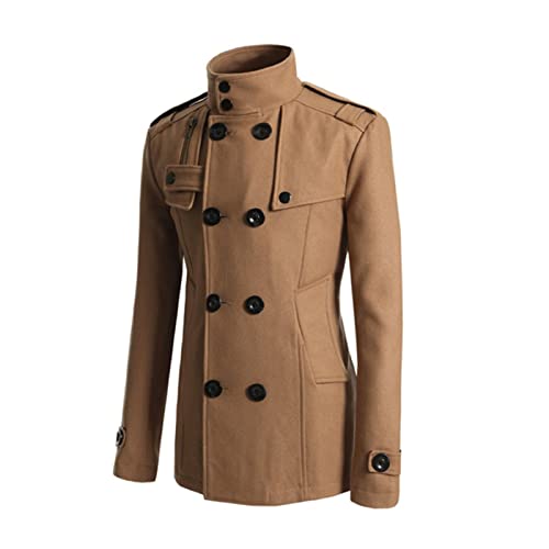 SHINROAD Chaqueta para los hombres cómoda de lana de color sólido suave de doble pecho formal de negocios de invierno de los hombres abrigo de desgaste diario caqui 2XL