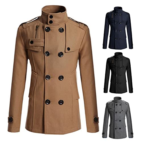 SHINROAD Chaqueta para los hombres cómoda de lana de color sólido suave de doble pecho formal de negocios de invierno de los hombres abrigo de desgaste diario caqui 2XL