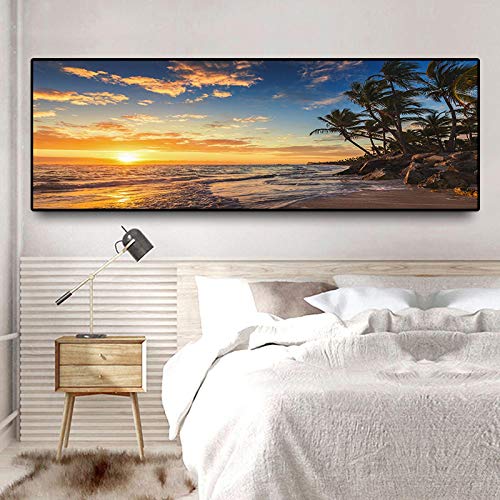 SHKJ Atardeceres Mar Natural Playa Coconut Palm Paisaje Arte de la Pared Imágenes Pintura Arte de la Pared para la Sala de Estar Decoración del hogar 30X90cm Sin Marco