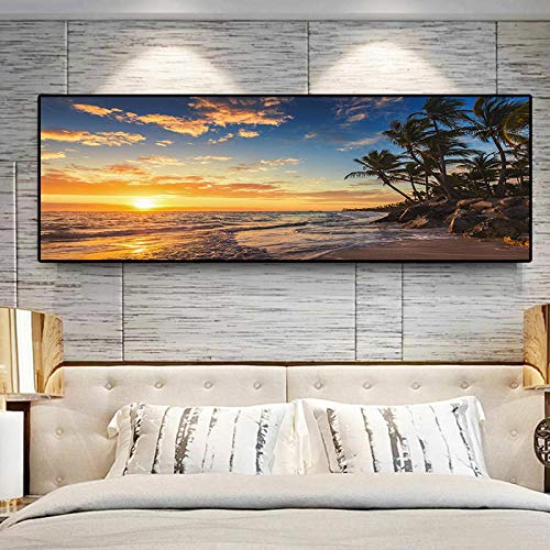 SHKJ Atardeceres Mar Natural Playa Coconut Palm Paisaje Arte de la Pared Imágenes Pintura Arte de la Pared para la Sala de Estar Decoración del hogar 30X90cm Sin Marco