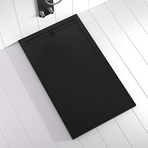 Shower Online Plato de ducha Resina FLOW - 70x100 - Textura Pizarra - Antideslizante - Todas las medidas disponibles - Incluye Rejilla Color Negro y Sifón - Negro RAL 9005