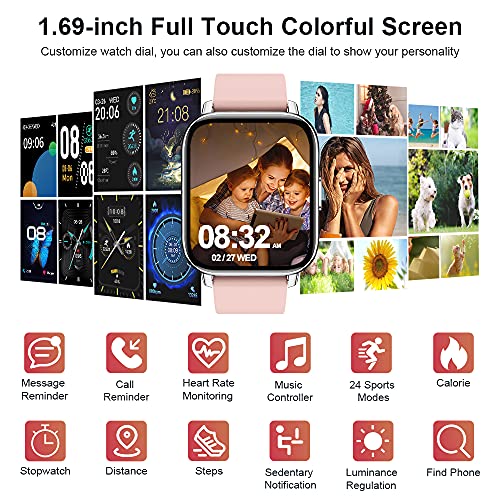 Smartwatch, 1.69'' Reloj Inteligente Hombre Mujer Pulsera Actividad Inteligente con Pulsómetro,Monitor de Sueño,Podómetro,Cronómetro, 24 Deportivos, Impermeable IP68 Reloj Deportivo para Android iOS