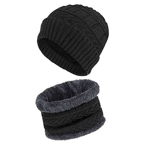 SOLO ACTFIT Gorro Invierno con Bufanda Beanie de Punto Sombreros Gorras y Cuello Bufanda con Forro Polar para Hombre Mujer Corriendo Bici Excursionismo Deportes (Negro)