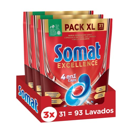 Somat Excellence 4en1 Caps (93 unidades), detergente lavavajillas de disolución rápida, pastillas del lavavajillas en envase grande, limpieza y brillo radiantes