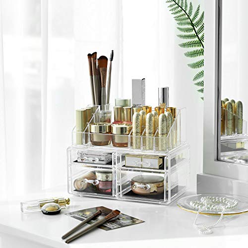SONGMICS 2 en 1 Organizador para cosméticos, Caja Maquillaje, 4 Cajones, Acrílico, Transparente 24 x 13,5 x 18,5 cm
