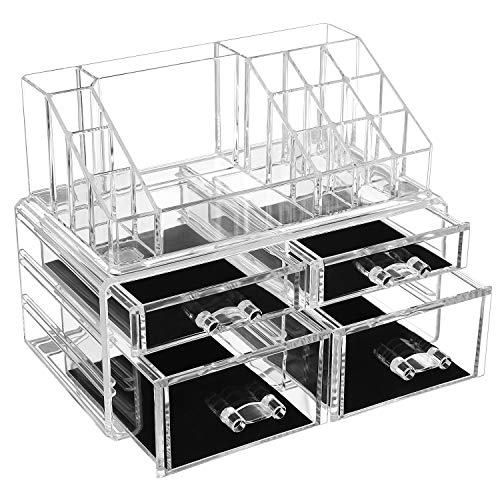 SONGMICS 2 en 1 Organizador para cosméticos, Caja Maquillaje, 4 Cajones, Acrílico, Transparente 24 x 13,5 x 18,5 cm