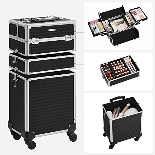 SONGMICS Maleta para Maquillaje Profesional, Maletín para Maquillaje, con 4 Ruedas del Tipo Multidireccional, para Viaje Trabajo, Negro JHZ014B01