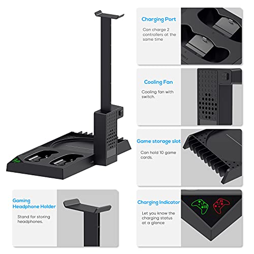 Soporte de carga con ventilador de refrigeración para consola y controlador Xbox Series X, accesorios de estación de carga dual vertical con 2 baterías recargables de 1400 mAh y cubierta