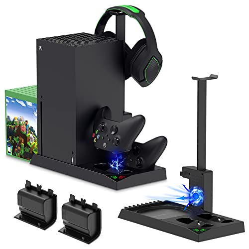 Soporte de carga con ventilador de refrigeración para consola y controlador Xbox Series X, accesorios de estación de carga dual vertical con 2 baterías recargables de 1400 mAh y cubierta