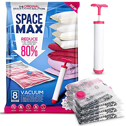 SPACE MAX - Bolsas de almacenaje en vacío Premium - 80 % más de compresión Que Otras - Bomba Manual para Viajes incluida - Varios tamaños - Pack de 8