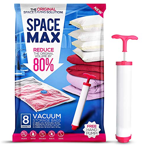 SPACE MAX - Bolsas de almacenaje en vacío Premium - 80 % más de compresión Que Otras - Bomba Manual para Viajes incluida - Varios tamaños - Pack de 8