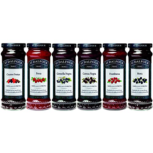 St. Dalfour - Pack Combinado de 6 Mermeladas de Sabores de Frutas del Bosque - Mermeladas de Cereza Negra, Frambuesa, Fresa, Mora, Grosella Negra, y 4 Frutas - 6 x 284 g