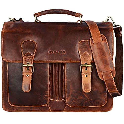 STILORD 'Karl' Maletín de Piel Grande para Profesores o Negocios Bolso de Mano o de Hombro para portátil de 15,6' Estilo Vintage de auténtico Cuero, Color:Kara - Cognac