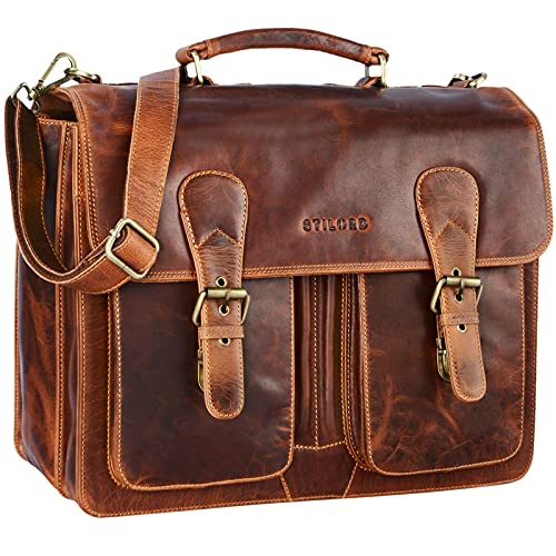 STILORD 'Karl' Maletín de Piel Grande para Profesores o Negocios Bolso de Mano o de Hombro para portátil de 15,6' Estilo Vintage de auténtico Cuero, Color:Kara - Cognac