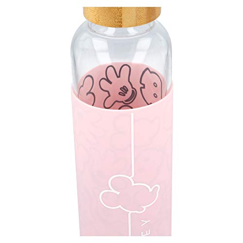Stor Mickey Mouse | Botella de Agua de Cristal de Borosilicato Reutilizable - 585 ml - Botella de Agua de Vidrio con Funda de Silicona y tapón hermetico