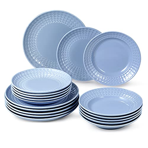 suntun Juegos de Vajillas de Porcelana 18 piezas, Azul Juegos de Platos Porcelana con 6 Platos Llanos, 6 Platos Hondos, 6 Platos de Postre, Diseño en Relieve Vajilla Completa Vintage para 6 Personas