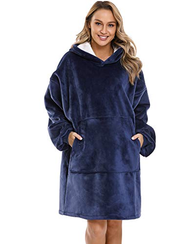 Sykooria Manta con Capucha Sudadera Calentita Grande Pullover Mullido de Doble Capa Manta Súper Suave y Cálida para Mujeres Hombres Adolescentes - Azul L