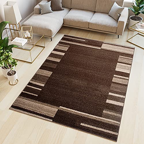 TAPISO Alfombra De Salón Moderno Piso Cuarto De Estar Colección Sari – Color Marrón Oscuro Chocolate Diseño Bordura Cuadro Rayas – Fácil De Limpiar 60 x 100 cm