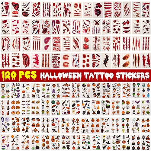 Tatuajes Temporales Halloween, Fyvadio 720 Piezas Halloween Tattoos, Zombi Cicatrices Tatuaje, Halloween Tatuajes Temporales para Decoraciones Niños, Niños y Niñas, Adulto Halloween Fiesta, 120 Hojas