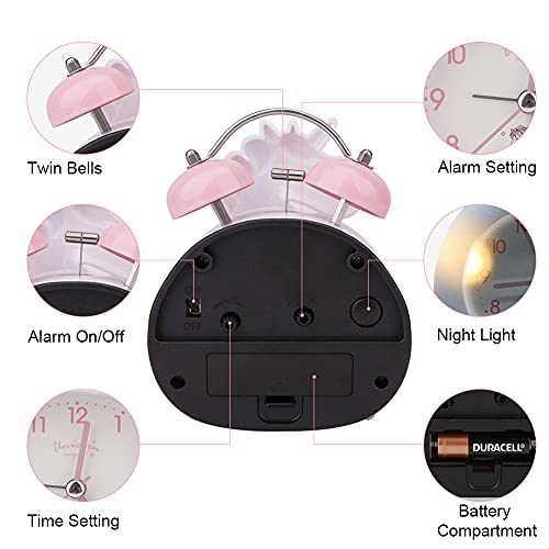 TCJJ Retro Reloj Despertador de Doble Campana con luz Nocturna,Batería Unicornio Despertador Analógico con Alarma Potente,sin tictac, silencioso