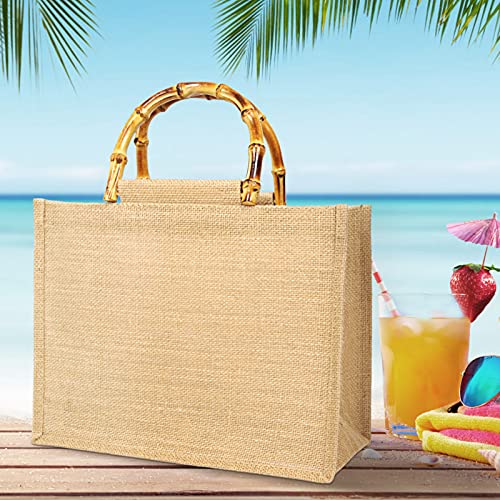 Tibroni Bolsa para la compra portátil, bolsa portátil de yute natural, bolsa de yute con asas de bambú, perfecta para compras, picnic, regalos, viajes, playa Size: L: 39x31x15cm