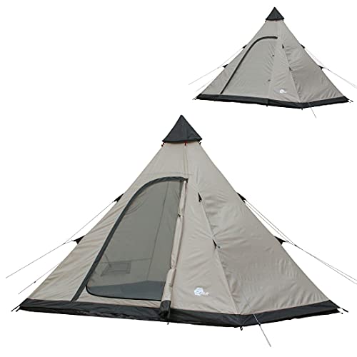 Tienda de campaña Lido para 370 – 4 personas, tienda de campaña tipi, bañera, protección contra insectos, altura de pie, resistente al agua, protección UV 50+, 5000 mm, color beige y gris