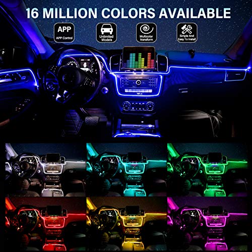 Tira de luz interior LED para coche, 16 millones de colores 5 en 1 con fibra óptica de 236 pulgadas, kit de iluminación ambiental de atmósfera activa con sonido RGB-Control de APLICACIÓN Bluetooth