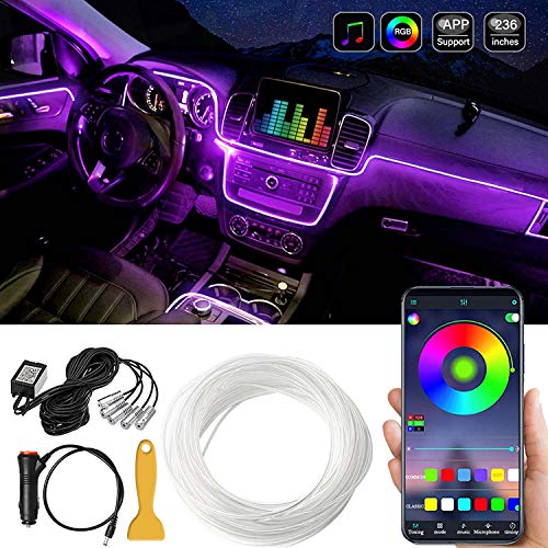 Tira de luz interior LED para coche, 16 millones de colores 5 en 1 con fibra óptica de 236 pulgadas, kit de iluminación ambiental de atmósfera activa con sonido RGB-Control de APLICACIÓN Bluetooth