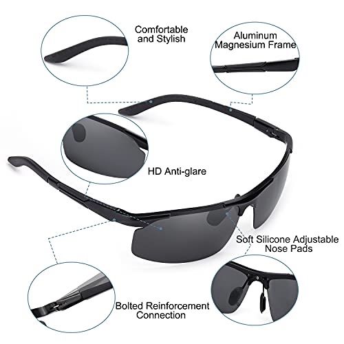 TJUTR Gafas de sol polarizadas deportivas para hombres de conducción de béisbol, pesca, ciclismo, correr, golf, motocicleta, tac, protección UV400, Marco rectangular negro/lente polarizada gris,