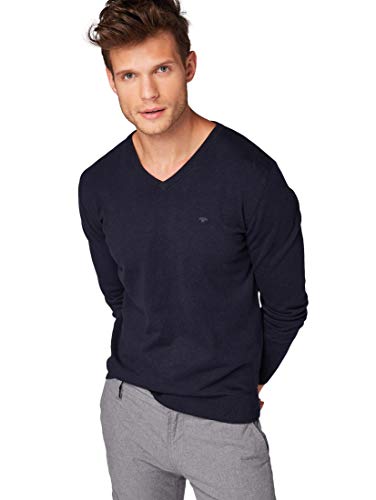 Tom Tailor V-Neck suéter, Azul (Knitted Navy Melange 13160), Medium para Hombre